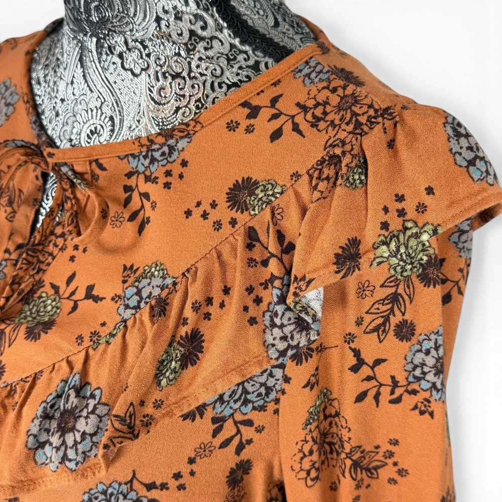 Sonoma Floral Boho Blouse Rust Orange Blue Green Ruffle Front Long Sleeve Size M - Picture 7 of 14